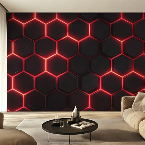 Générique Papier Peint Intissé Géométrique Néon, Papier Peint Panoramique Hexagone Noir Rouge pour Salon Chambre Bureau Couloir, Décoration Murale, 350 x 256 cm (L x H) Y&W67