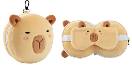 I-TOTAL® - Resekudde med sömnmask, hopfällbar kudde med krok för resor (Capybara)