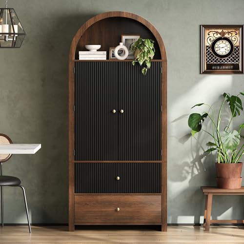 Merax Gewölbter Küchenschrank, Bogenschrank mit Ablage über der,3 Regale, 2 Schubladen und Offenem Oberfach, Gestreiftes, Vitrinenschrank für Küche, Esszimmer, Wohnzimmer, 80x40x180cm, Schwarz + Natur