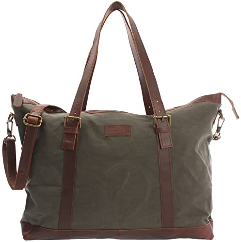 LECONI Weekender Canvas + Rinds-Leder Freizeittasche Reisetasche XL Shopper Damen + Herren Handgepäck Sporttasche Retro-Look 50x36x15cm grün LE2013-C