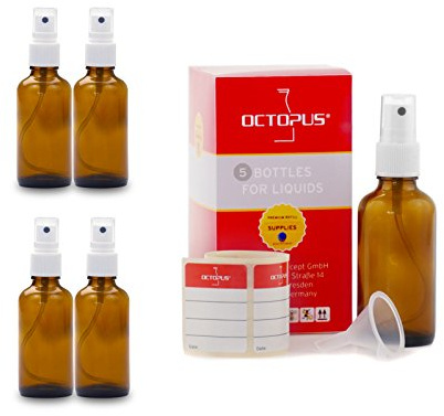 5 x Bouteilles en verre teinté de 50 ml munies de vaporisateur, mini-entonnoir + étiquettes, Flacons pulvérisateurs avec pulvérisateur à pompe, par exemple pour le parfum
