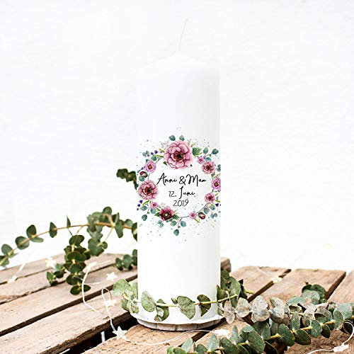 Hochzeitskerze Kerze zur Hochzeit Trauung Traukerze Vermählung mit Blumenkranz Pfingstrosen Wunschnamen & Datum wk100 ilka parey wandtattoo-welt®