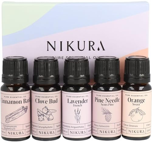 Nikura Winter Essential Oils Gift Set - 5 x 10ml | Essential Oils for Diffusers for Home, Aromatherapy, Candle & Soap Making | Cinnamon Bark, Clove Bud, Lavender, Pine, Sweet Orange | UK Made