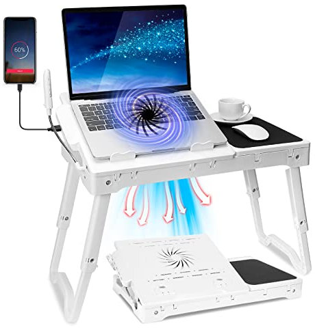 Laptop Desk for Bed Laptop Tray Table Foldable Stand Desk with Cooling Fan, 4 Port USB Hub, Adjustable LED Light, Mouse Pad and Storage Box for Working, Reading on Bed Couch Sofa (White)