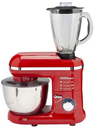 Sensio Home 2-in-1 Food Processor Blender & Stand Mixer Machine - 1300W Electric Motor - Dough Hook, Whisk, Beater, Splash Guard, 6-Speed - 4.5 Litre Stainless Steel Mixing Bowl - 1.5L Glass Jug - Red
