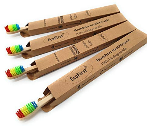 EcoFirst Set of 4 Bamboo Eco-Friendly Wooden Toothbrush Medium Firm bristles Rainbow Colour Biodegradable
