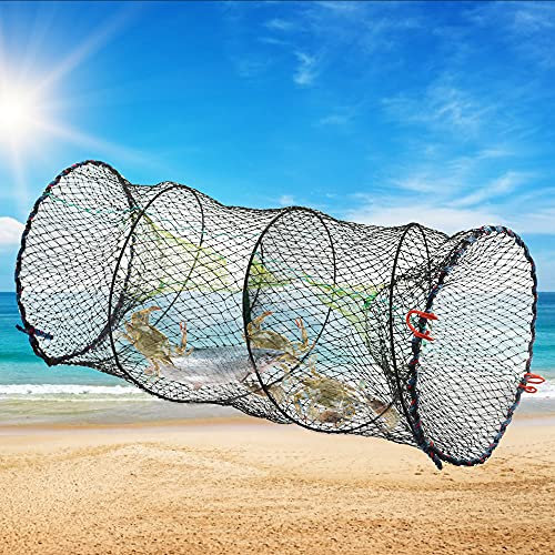 TANCUDER Köderfischreuse Faltbare Fischreuse Nylon Reusen Krebsreuse Gefaltet Fischernetz 30cm x 60 cm Aalreus Krebsfalle zum Angeln Aller Arten von Krabben, Garnelen, Hummer, Aal (Schwarz)