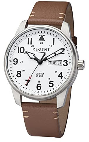 REGENT Herrenuhr mit Lederband Edelstahl 20 ATM Quarz Wochentag Datum DayDate F-1254