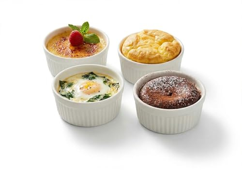 Acense Round Ramekin White Ceramic Pots [4 Pieces], Fully Vitrified Porcelain, 8.5cm(D) x 3.5cm(H), Dishwasher/Freezer/Microwave/Oven Safe, for Souffle/Lava Cakes/Creme Brulee