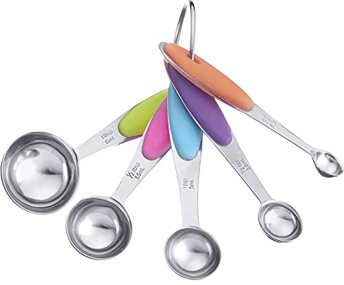Westmark 5 Messlöffel, Set, Mit Ring verbunden, Für 1,25 ml, 2,5 ml, 5 ml, 7,5 ml, 15 ml, Rostfreier Edelstahl/Silikon, Pendolino, Silber/Grün/Pink/Blau/Lila/Orange, 30602270