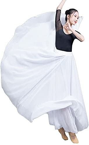 Große Schaukel Damen Maxirock Tanzrock Chiffon Tanzkleider Ballsaal Tanzen Lange Rock Flamenco Kleid Walzer Tango Latein Kostüm Bauchtanz Öffnungs Swing Tanzen Röcke,Weiß,S