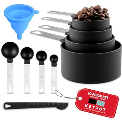 KETPOT 9-Piece Measuring Cups and Spoons Set, 4 Measuring Cups, 4 Spoons, and 1 Leveler, Engraved Scale for Liquid and Dry Ingredients, Black