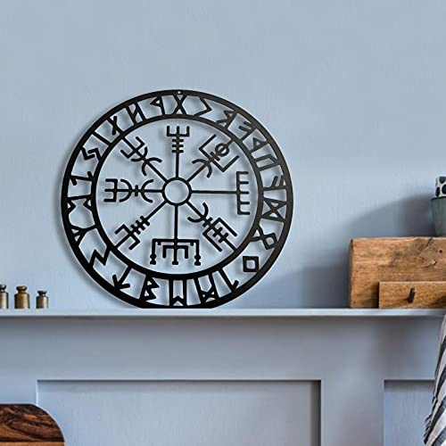 osmanthus Metall Wand Deko, Wandkunst Wandskulpturen Wikinger Kompass Nordische, Schwarz Ausgehöhlte Eisenwandbehang Metallornament, Für Moderne Schlafzimmer Wohnzimmer Kunst Ornament (28cm)