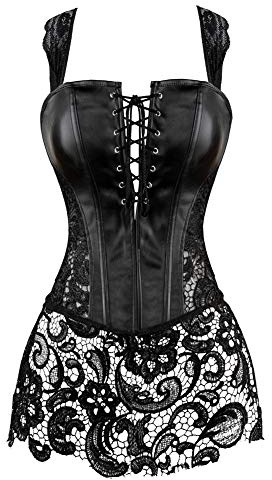 WLFFW Corsetto in Pelle Gotico Corpetto Donna Pizzo (EU(32-34) S, Nero)