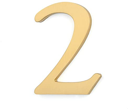 Solid Brass Door Number 2, Self Adhesive Door Plate House Numbers for Home Mailbox Address Sign, Peel & Stick
