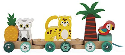 Janod - Tropischer Nachziehzug Tropik - Nachziehspielzeug aus Holz - 11 Teile + 3 Waggons - Lernspiel Motorik + Hand-Augen-Koordination - FSC-zertifiziert - Wasserfarben - Ab 1 Jahr, J08272