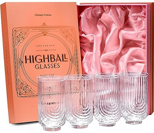 Copas de cóctel vintage Art Deco Highball Gatsby, juego de 4, cristalería doble HiBall de 14 onzas para beber mojito, gin rickey, whisky, bebidas clásicas de barra larga, vasos grandes y altos