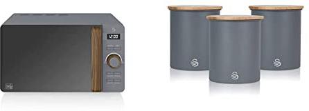 Swan 20L Nordic Digital LED Microwave, 6 Power Levels, Soft Touch Housing and Matte Finish, 800W, Slate Grey, SM22036LGRYN & SWKA17513GRYN Nordic Scandi Set of 3 Storage, Slate Grey, Steel, Bamboo Lid