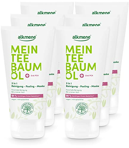 alkmene Mein Teebaumöl 3in1 Reinigung Peeling Maske 6x 150 ml | Pickel Reduktion 91% bestätigt - naturreines Teebaumöl, vegan & klimaneutral - für unreine Haut - Peeling Gesicht