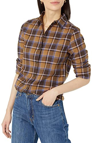 Amazon Essentials Women's Långärmad lätt rutig flanellskjorta klassisk passform, Espresso Skotskrutig, XL