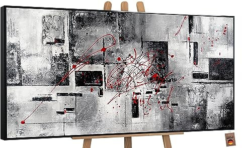 YS-Art XXL Abstrakt Acryl Gemälde auf Leinwand Courage handgemalt Wandbilder schwarz weiß grau rot Wohnzimmer modern Wohndekor Bilder Büro echte Kunst mit Rahmen 200x100 cm