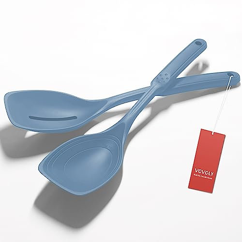 2 Pack Large Silicone Cooking Spoon, Non-Stick Slotted and Solid Spoon set with Deep Bolw- Measurement Mark for Mixing, Serving, Scooping, Scraping, Heat Resistant Kitchen Utensils, Starry Blue