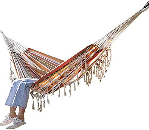 Hamocks Doppel-Hängematte, handgewebt, mit Fransen aus natürlicher Baumwolle, 149,9 x 300,6 cm, Garten-Hängematte, Outdoor-Restbett, modisch