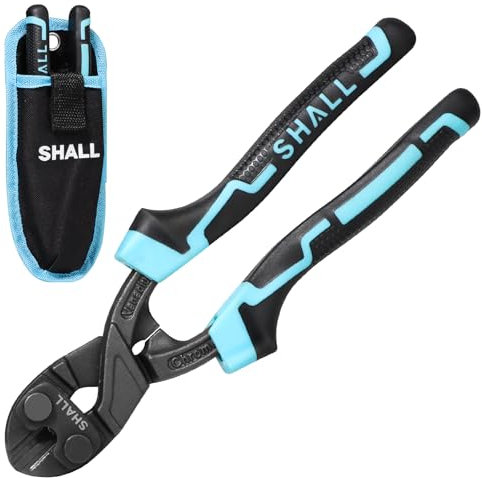 SHALL Mini tagliabulloni da 8 pollici, tagliafili piccolo e resistente, impugnatura ergonomica bicolore, leva più efficiente, borsa da cintura inclusa
