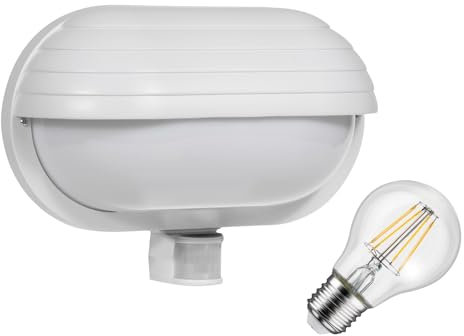 Maclean MCE33 Außen Wandleuchte mit LED Leuchtmittel, PIR Bewegungssensor 180° bis 9m und Dämmerungssensor, Garten Lampe Lampenfassung Lampenhalter E27 (Weiß, Wandleuchte + 4W LED Leuchtmittel)