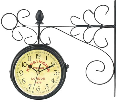 Asudaro Vintage Wanduhr Hängende Uhr Retro Doppelseitige Gartenuhr Outdooruhr Runde Metall Bahnhofsuhr Zweiseitige Zahlen Wanduhr Dekorative Wanduhr mit Halterung Schwarz
