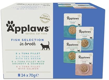 Applaws 100% Natural Comida Húmeda para Gatos, Bolsa Multipack Selección de Pescado en Caldo - Paquete de 24 Bolsas de 70 g