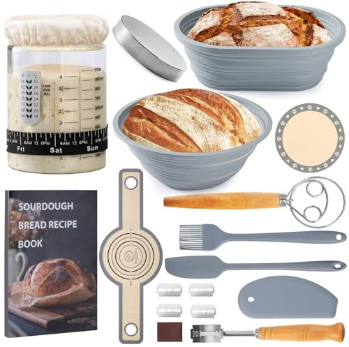 Angadona Sourdough Starter Kit, Sourdough Bread Baking Supplies, 40oz Sourdough Starter Jar, 9 Round & 10 Oval Silicone Bread Proofing Baskets Set, Bread baking tools,Silicone bread Sling