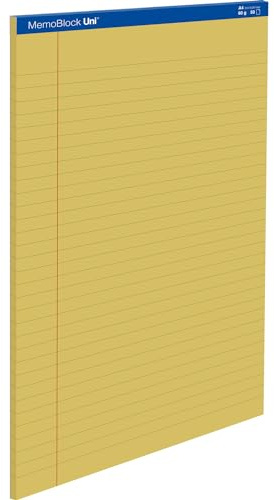 Unipapel, Förpackning med 5 juridiska A4-anteckningsblock, 50 ark, 8 mm linjerad med marginal, 60 g papper, gul, mikroperforerade ark, 29,5 x 21 cm, robust kartongryta, MemoBlock Uni