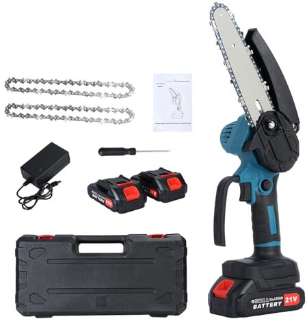 RFEGJVII Motosega portatile senza fili con 2 batterie, mini motosega elettrica con blocco di sicurezza, piccola motosega portatile per tagliare alberi, taglio del legno, sega da giardino, potatura di