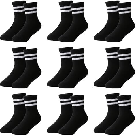 Moitiy 9 par strumpor, pojkar, barn, tennisstrumpor, barn, barnstrumpor, pojkar, flickor, elastisk bomull, unisex, strumpor, svart, 35-38