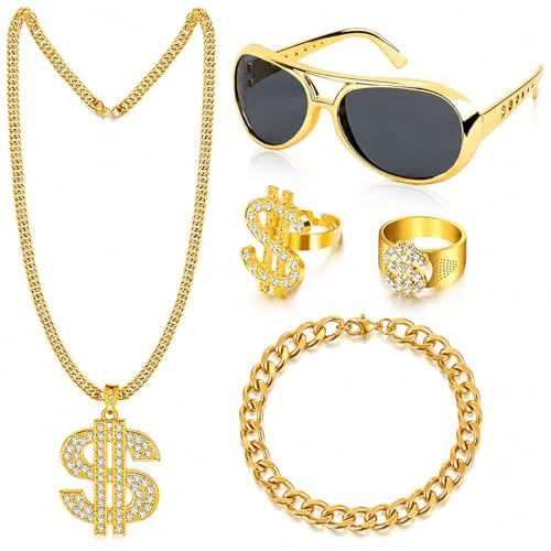 Hip Hop kostymset, 5 delar, dollarhalsband, hip-hop-dollar, halsband, hiphop-kostymer, halsband, 80-talet, 90-talet, kostymkläder, tillbehör, hallik, utklädnad, tillbehör, karneval