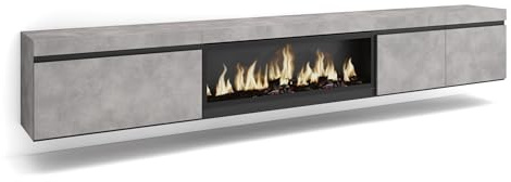 Skraut Home | Mueble TV | Televisión | Muebles de salón, almacenaje | 288x45x35 cm | para TV Gran Formato | Chimenea eléctrica XXL | Colgado, Suspendido | Estilo Moderno | Cemento