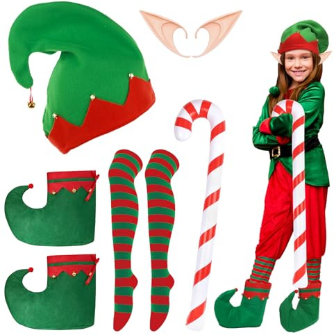Landifor 5 pcs Christmas Elf Costume Accessories Santa Helper Costume Elf Hat Shoe Cover Striped Stocking Pixie Ears with Inflatable Candy Cane Gift for Kid Teen Jingle Bell Xmas Winter New Year Eve