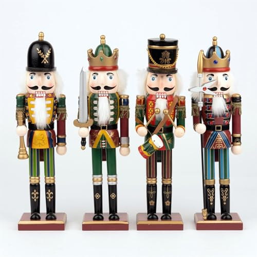 SHATCHI Juego de 4 Cascanueces de Madera Surtidos de 38 cm, Juego de 4 Piezas, Figuras de marioneta de Rey Soldado, Adorno de Navidad para decoración del hogar