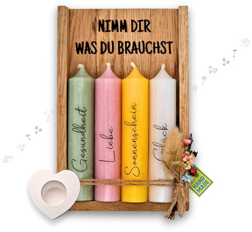 HolmCraft - Nimm dir was du brauchst | Deko Kerzenhalter Set | Handgefertigt | Perfekte Geschenkidee zum - Geburtstag, für Frauen, Freundin & Schwester | Wunscherfüller (rosa, gelb, grün, weiß)