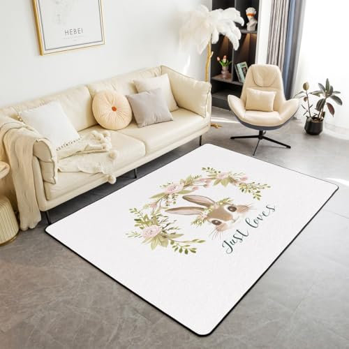Loussiesd Kinder Nettes Kaninchen Teppich 100x150cm Floral Bunny Kaninchen Modern Teppich Jungen Mädchen Schlafzimmer Zimmer Dekor, Cartoon Tier Kaninchen Wohnzimmerteppich Kaninchen Küchenteppich