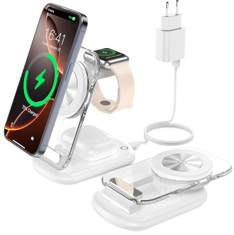 Mag Safe Ladestation, 3 in 1 Mag Safe Ladegerät, faltbar einstellbar Winkel mit Atmosphärenlicht, Kompatibel mit Telefon IWatch/Airpods, für iWatch iPhone 16/15/14/13, Weiss