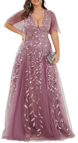 Ever-Pretty Women Plus Size Evening Dress Sequins Floor Length Short Sleeves Orchid 18