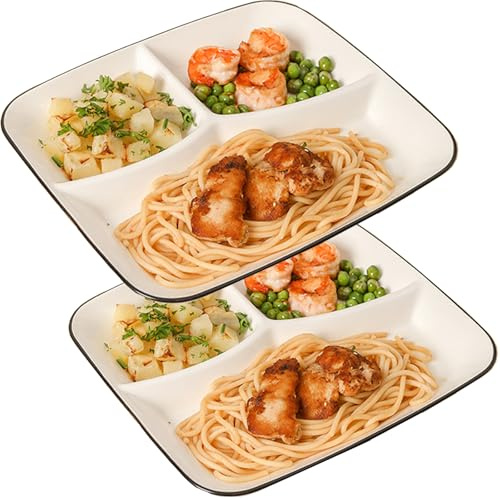 Yanhalo Quadratische Teller für Kinder und Erwachsene, Porzellan, Diätteller, Keramik, spülmaschinen- und mikrowellengeeignet, Portionskontrolle, 2 Stück