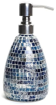 Dispensador de jabón de encimera con patrón de grietas de mosaico de vidrio, botellas de jabón de loción azul con bomba de acero inoxidable para decoración moderna de baño, dispensador de jabón