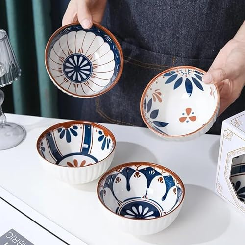 HQZT Homeware Ceramic Bowl Set of 4 Ramen, Pasta Bowls, Japanese Snacks & Dessert Dishes - for Serving & Mixing Bowls,Soup Bowls, Cereal, Fruit and House Warming in Gift Box (Damask)