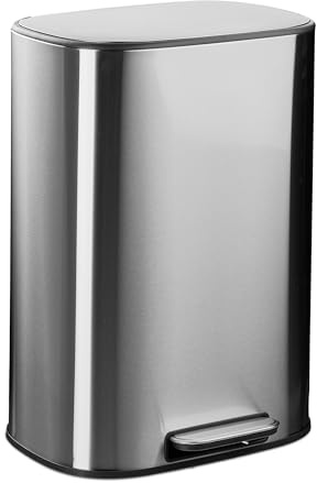Relaxdays Mülleimer, 50 Liter, Küche, entnehmbarer Inneneimer, Fußpedal, Softclose, Edelstahl, Tretmülleimer, Silber