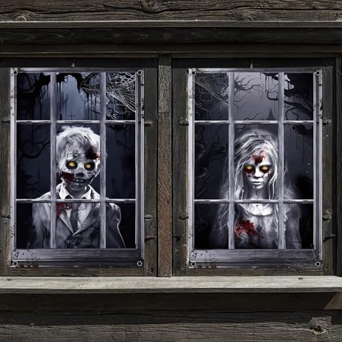 LETSHOLD 2 Stück Halloween Deko Gruselig Fensterbilder, Horror Deko Fenster Vorhang, 120 x 80cm Gruselig Fensterdeko für Halloween Karneval Innen Outdoor Garten Haustür (E)