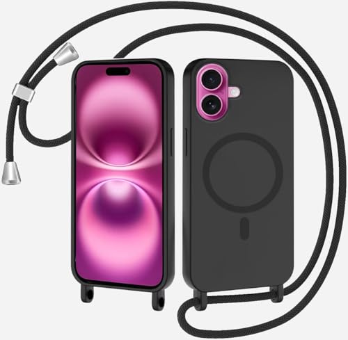 SLWYF Magnetische Handykette für iPhone 17 Hülle mit Band, Handyhülle Kompatibel mit MagSafe, Silikon Seil Necklace Handyhülle PU Stoßfest mit Abnehmbar Kordel zum Umhängen Case - Schwarz