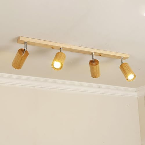Foco de Techo Ajustable de Madera con riel Fijo para Isla de Cocina, rotación de 360° + 90°, lámpara de Techo, Foco direccional GU10 para Pared de Comedor (4 Luces)